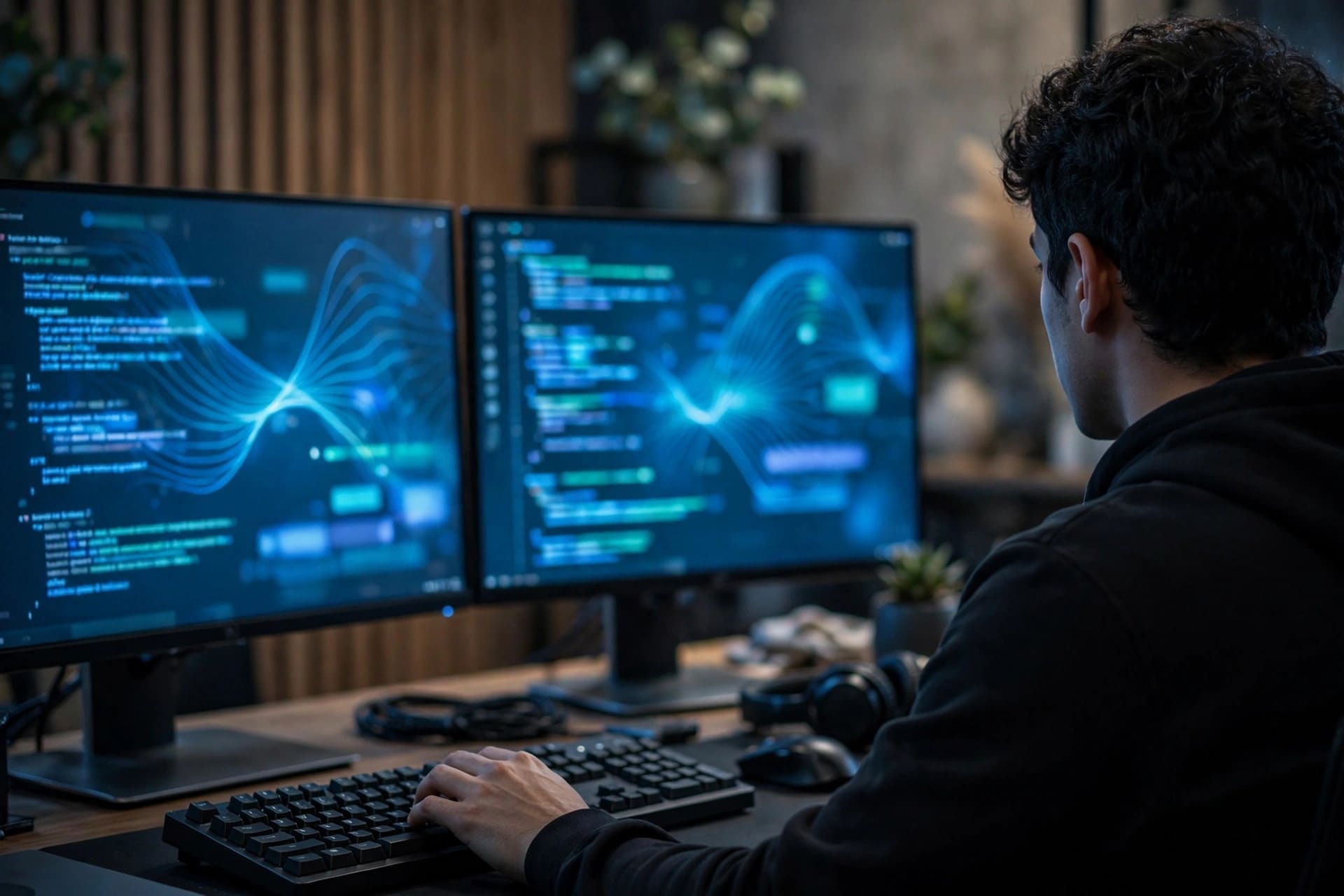 Programuotojas rašo kodą dviejuose monitoriuose